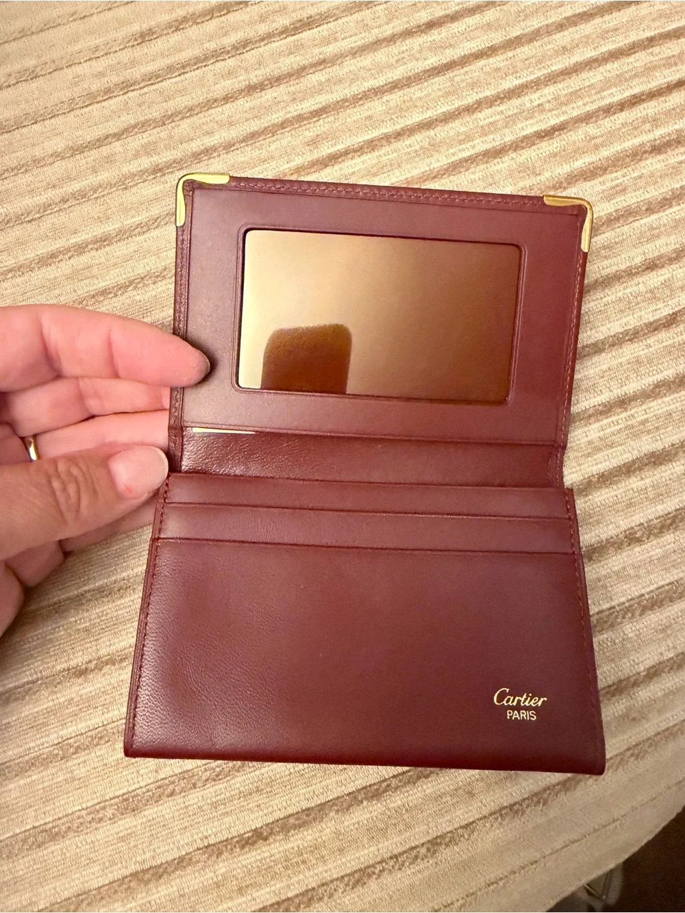 Cartier Burgundy Leather Card Holder with Gold Corners